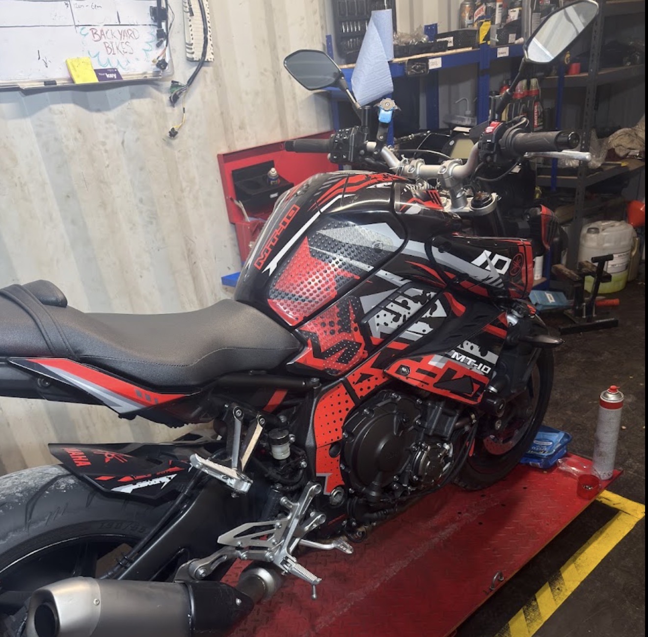 Yamaha MT-10 on the workshop ramp at Backyard Bikes, Cardiff